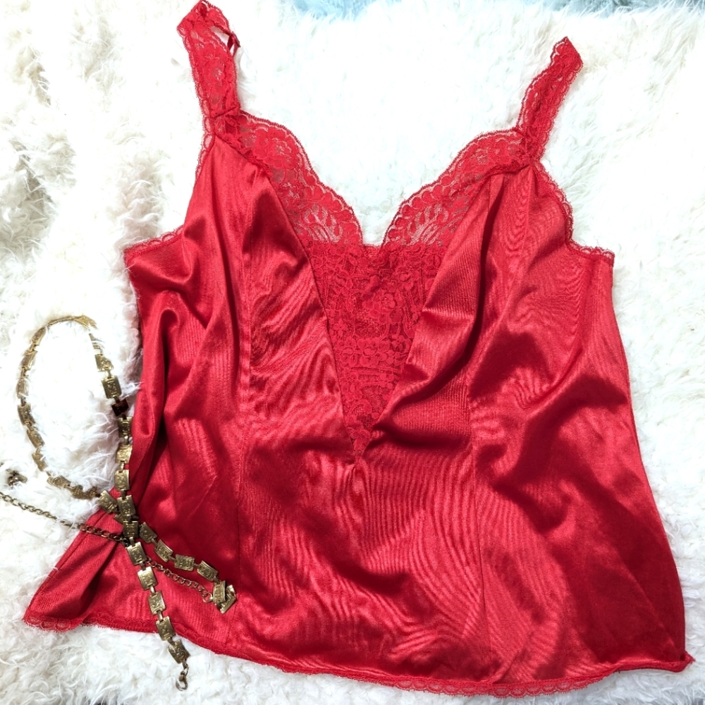 V I N T A G E:: Adonna Red VNeck Lace Nylon Camisole - Picture 3 of 8